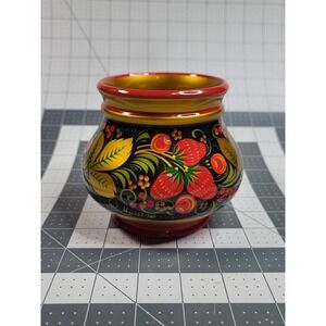 Vintage Vase Wooden Painted Khokhloma Russian Lacquer Strawberries Folk Art